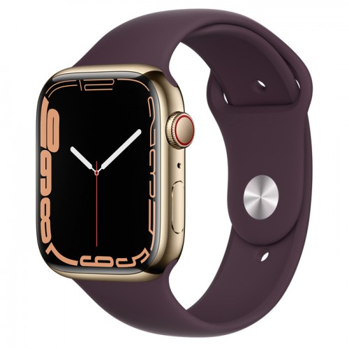 Apple Watch Series 7 GPS + Cellular, 41mm Gold Stainless Steel Case with Dark Cherry Sport Band - Regular