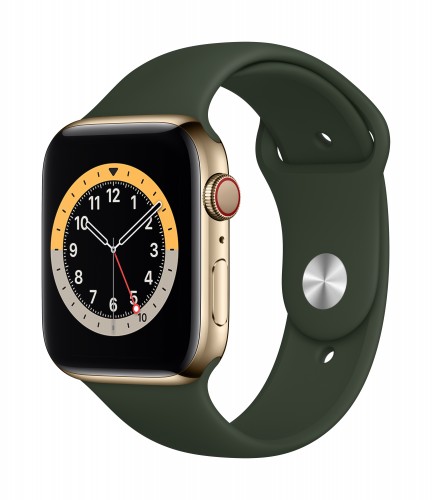 Apple Watch Series 6 GPS + Cellular, 40mm Gold Stainless Steel Case with Cyprus Green Sport Band - Regular | Unicorn Store